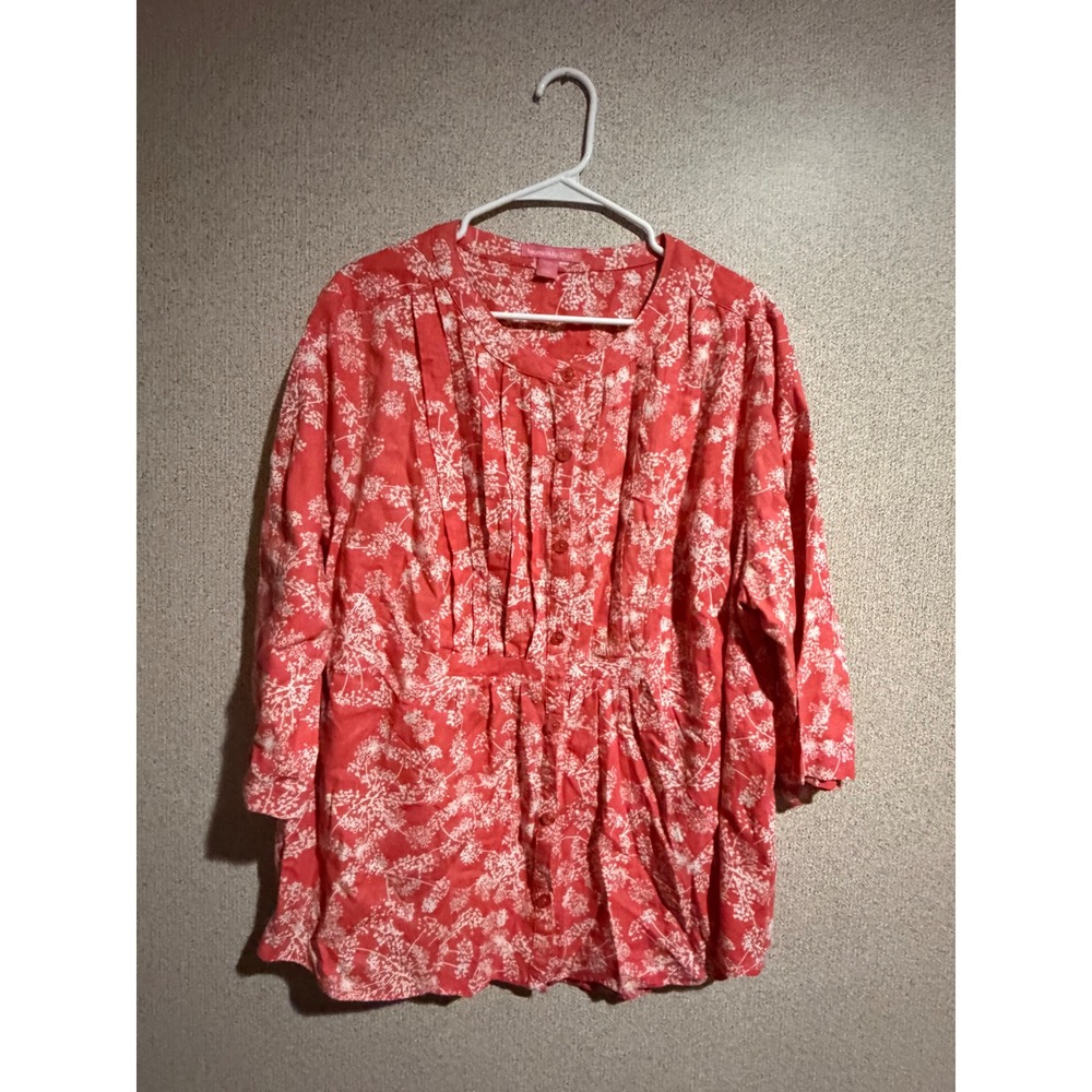 Woman Within Coral Floral Linen Blend Pleated Button Up Blouse Plus 1X 22/24